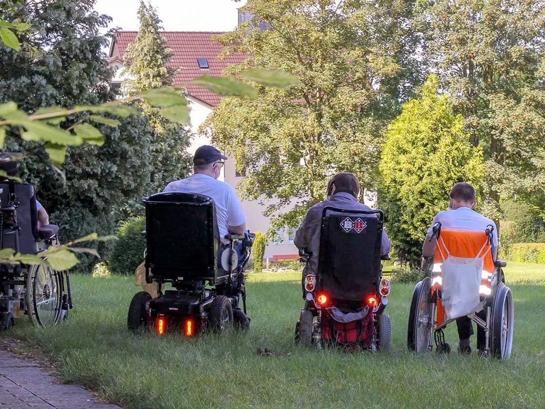 Vier Personen im Rollstuhl blicken über einen Rasen in einem Park.