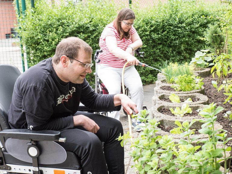 An einem Hochbeet arbeiten ein Mann und eine Frau. Der Mann hat eine kleine Gartenschaufel in der Hand, die Frau im Hintergrund gießt mit einem Gartenschlauch die Pflanzen.